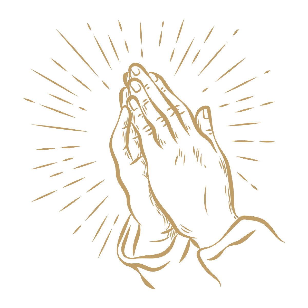 Two hands pressed together in prayer position with radiating light lines around them.