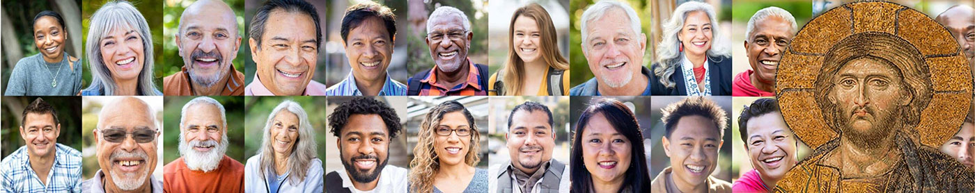 Collage of diverse portrait photographs of people with a religious icon in the corner.