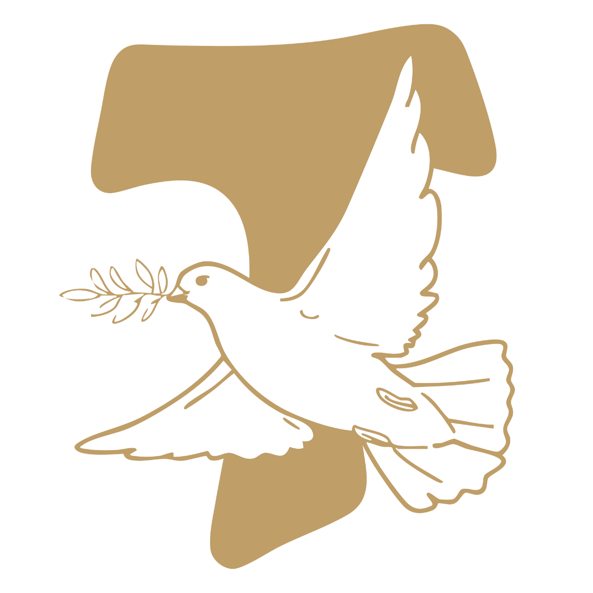 A dove holding an olive branch, illustrated in tan and white line art style.