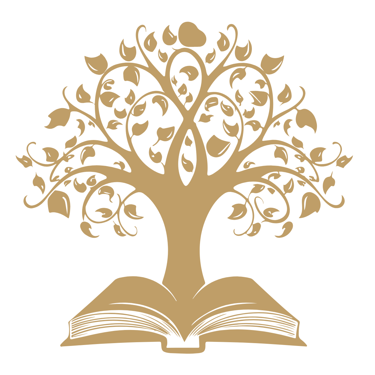 Gold tree with leafy branches growing from an open book.