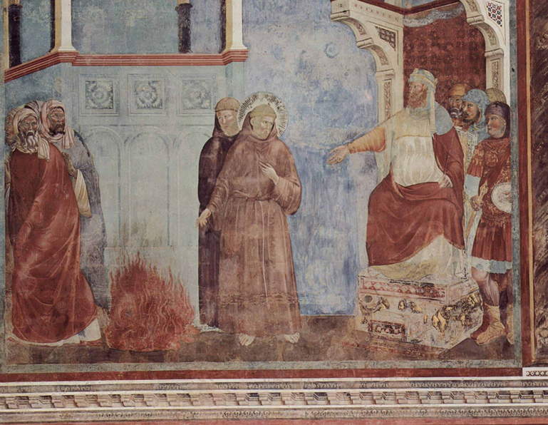 Medieval fresco depicting robed figures in an architectural setting with faded blue and red.